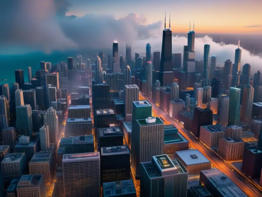 Exploración de universos ficticios en Chicago: Vista aérea futurista y sombría de rascacielos, luces de neón y hologramas