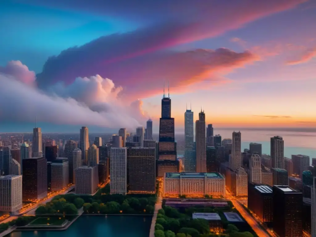 Exploración de universos ficticios en la impresionante vista aérea de Chicago al atardecer, con sus rascacielos iluminados reflejando los últimos rayos de sol