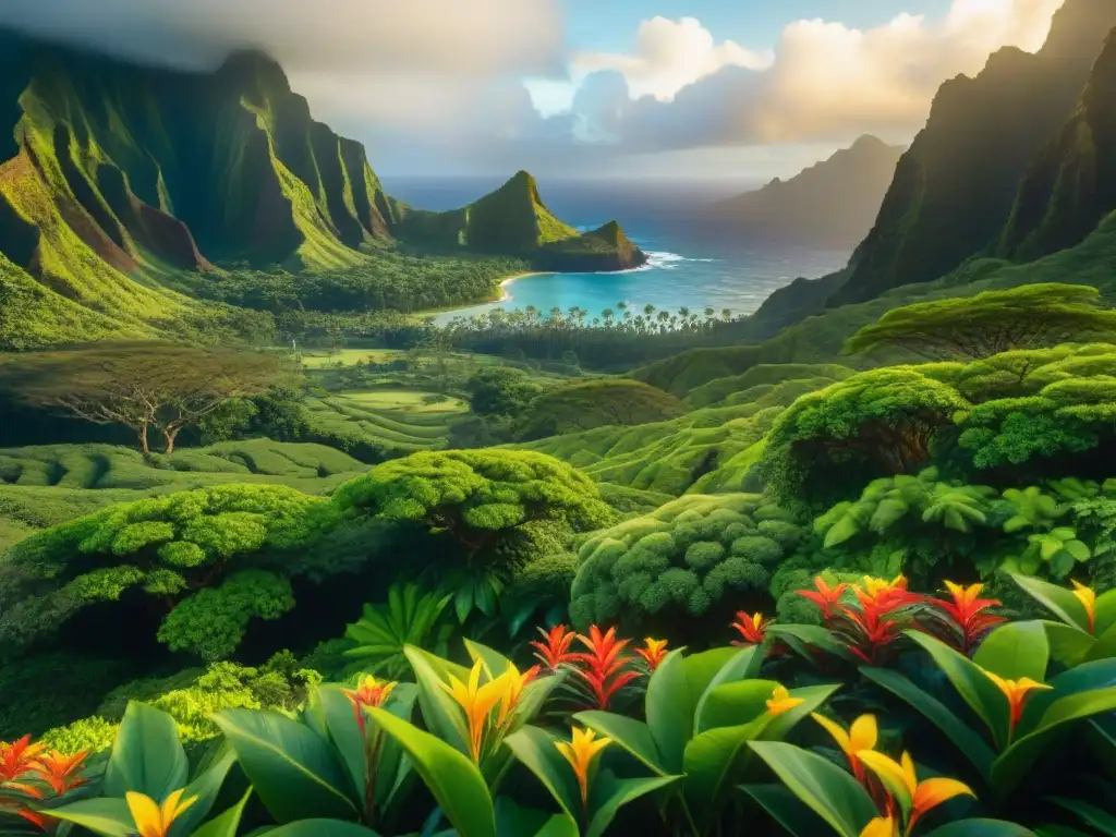 Exploración de universos ficticios en Hawaii: paisaje exuberante con flores vibrantes y montañas majestuosas al atardecer