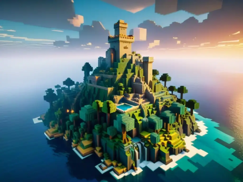 Exploración de universos ficticios profundos en un mundo Minecraft detallado y vasto al atardecer