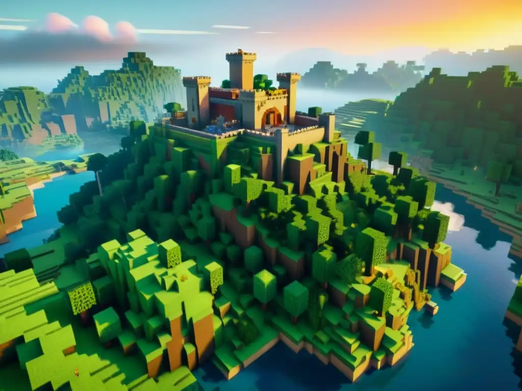 Exploración de universos ficticios profundos: detallada escena de Minecraft con castillos, bosques, ríos y pueblos al atardecer