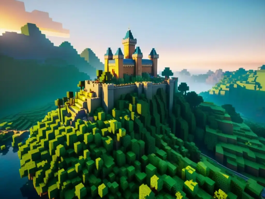 Exploración de universos ficticios profundos en un mundo Minecraft épico al atardecer