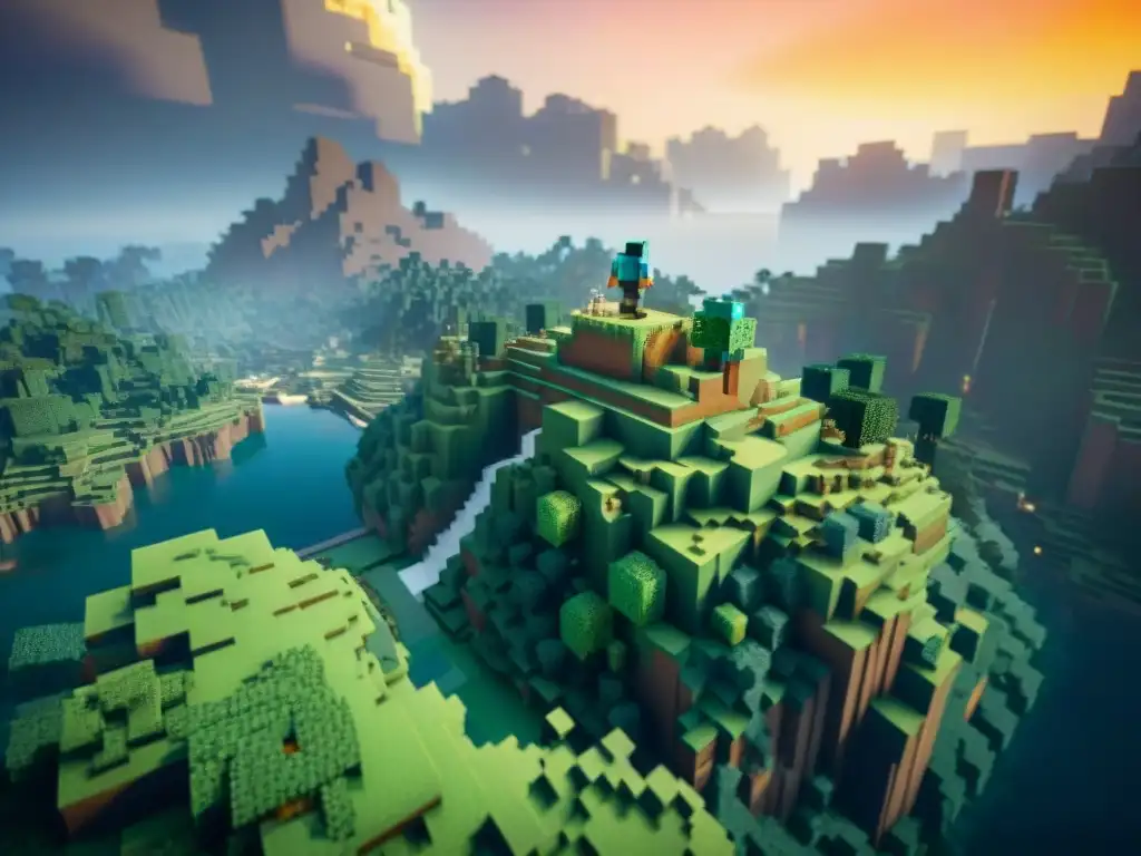 Exploración de universos ficticios profundos: un Minecraft épico con montañas, bosques y ríos bajo una puesta de sol dorada