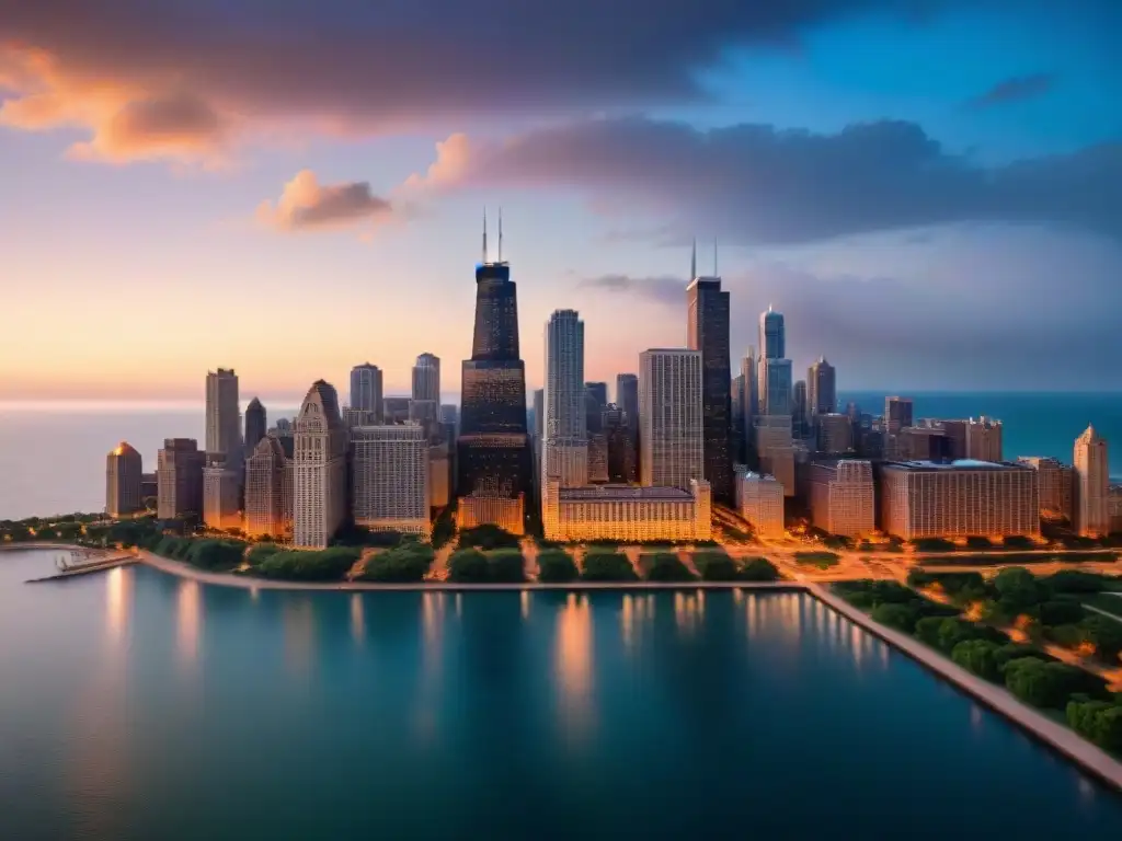 Exploración de universos ficticios Chicago: el skyline icónico de la ciudad al anochecer, con luces brillantes reflejadas en el lago