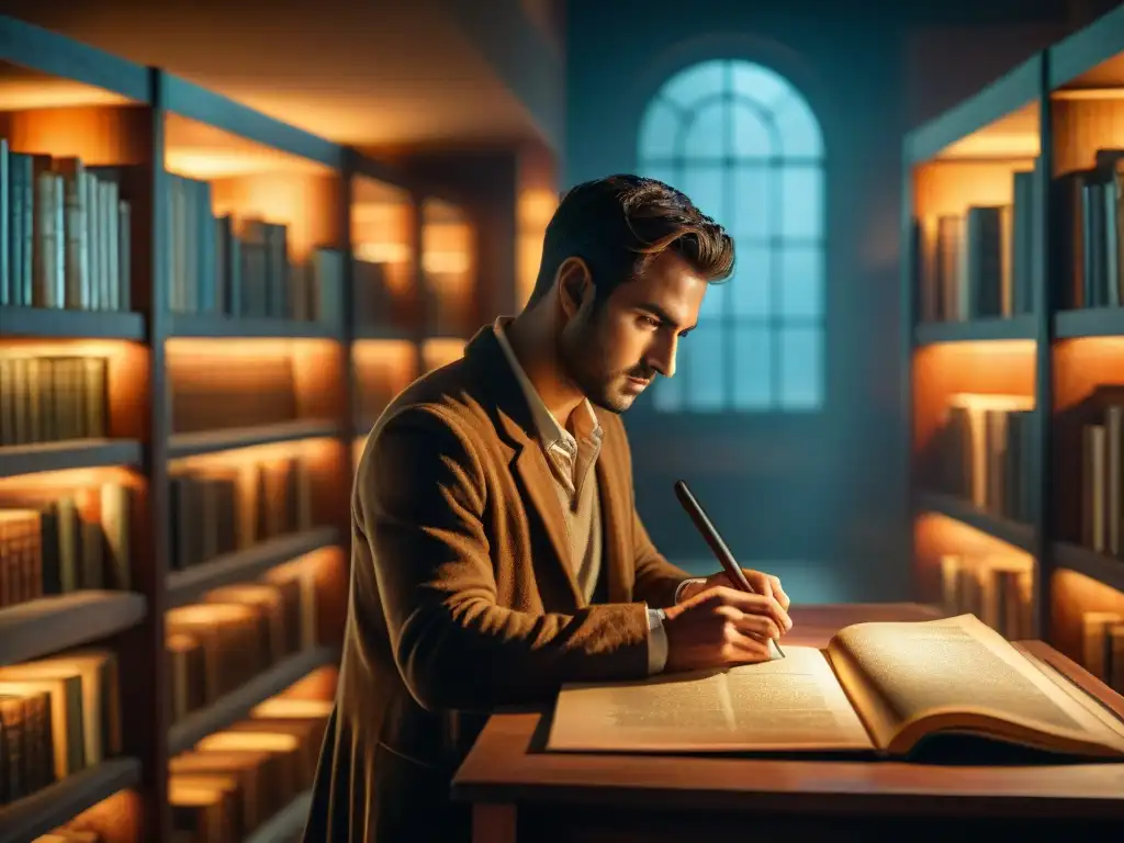 Explorador descifrando antiguos secretos en biblioteca misteriosa