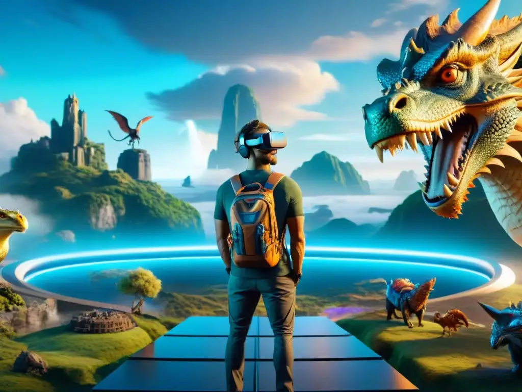 Explorador en auriculares VR rodeado de criaturas fantásticas en paisaje digital