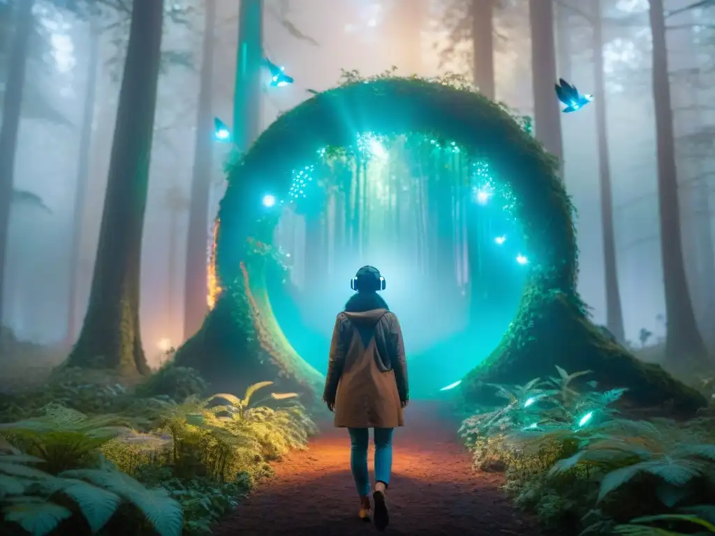 Un explorador en un bosque vibrante, tocando un portal brillante con gafas de realidad aumentada