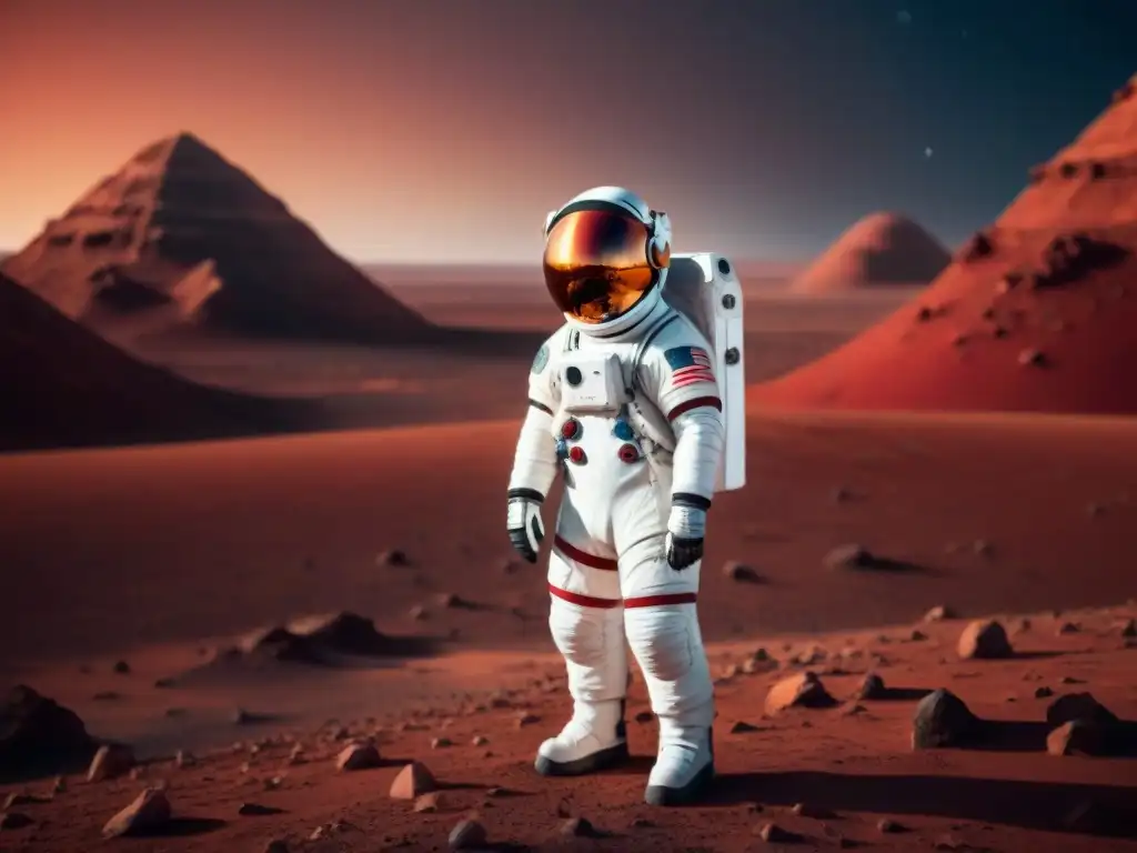 Explorador espacial en Marte, reflejando la Tierra en su casco