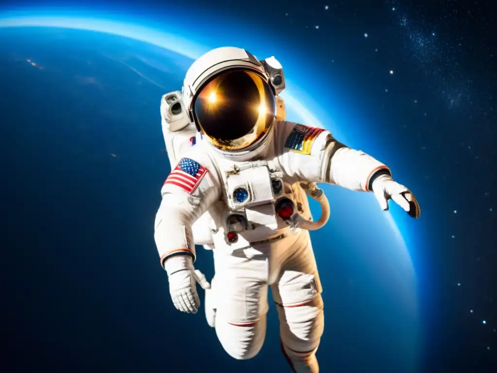 Explorador espacial en traje futurista flotando en el espacio, con la Tierra de fondo y estrellas brillantes