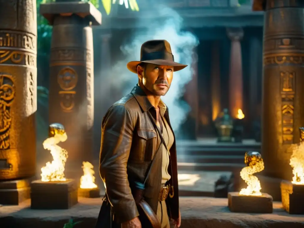 Explorador Indiana Jones analiza reliquia en templo antiguo con artefactos rituales, iluminación cinematográfica