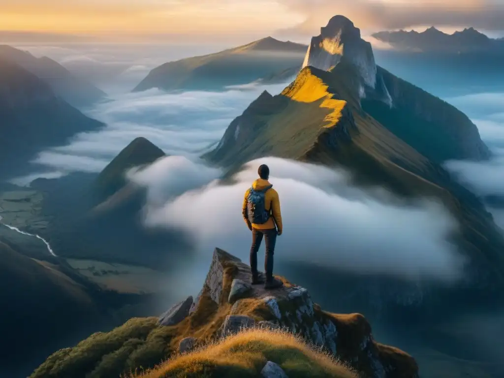 Explorador abraza la majestuosidad de la montaña al atardecer, evocando exploración de la búsqueda personal