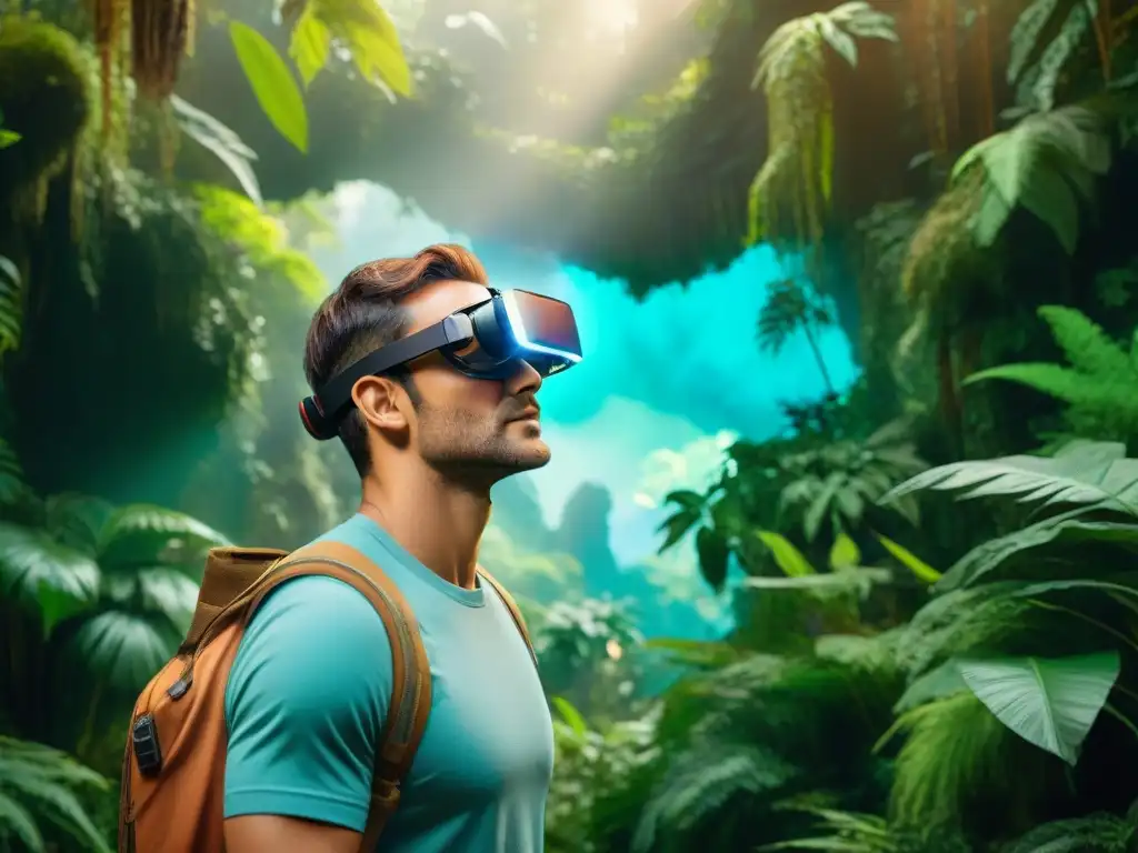 Un explorador moderno interactúa con criaturas míticas en la jungla usando gafas de realidad aumentada