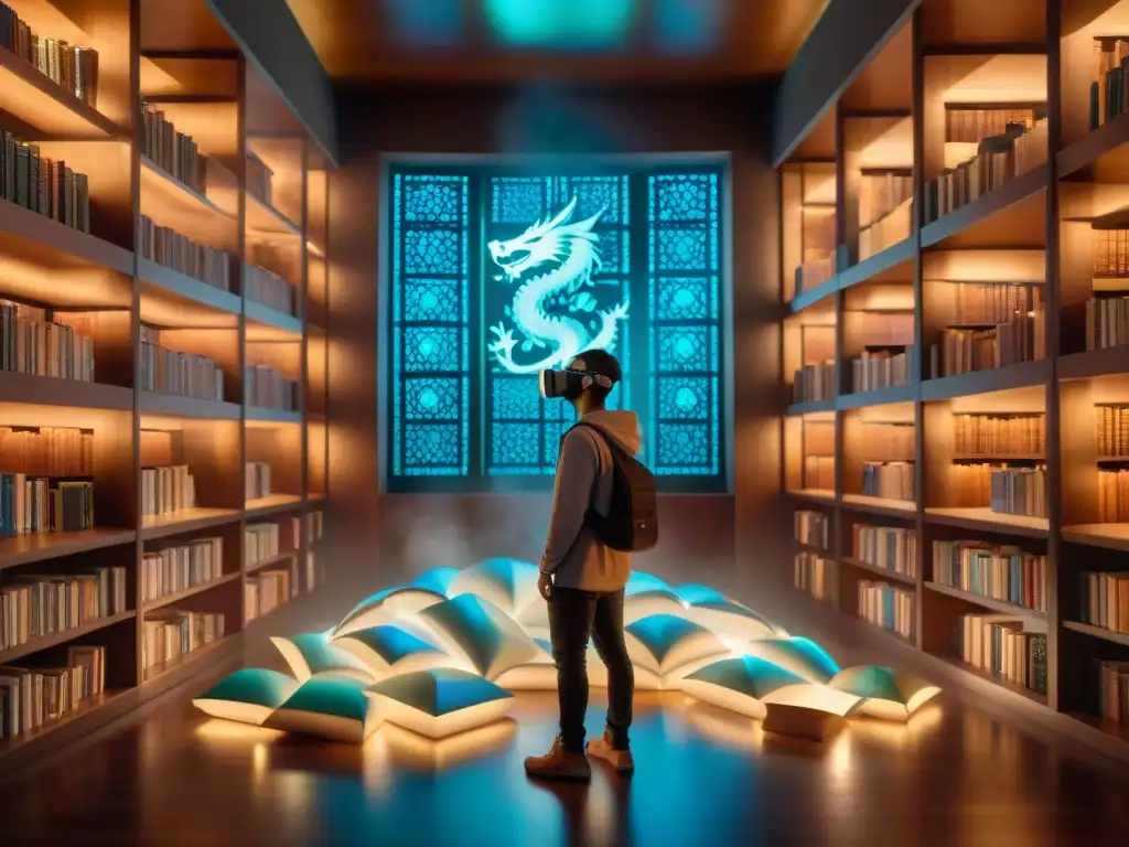 Un explorador en Realidad aumentada en libros fantasía, maravillado por un mundo mágico de libros y criaturas luminosas