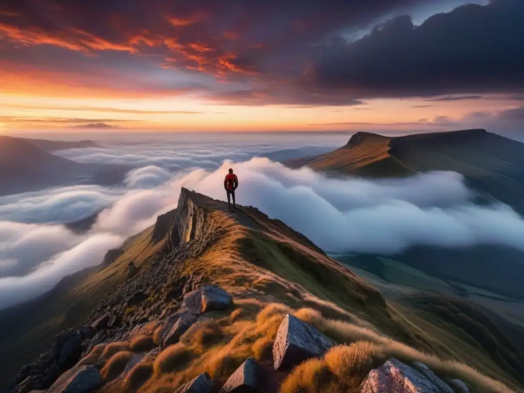 Un explorador reflexivo contempla la búsqueda personal en un acantilado montañoso al atardecer