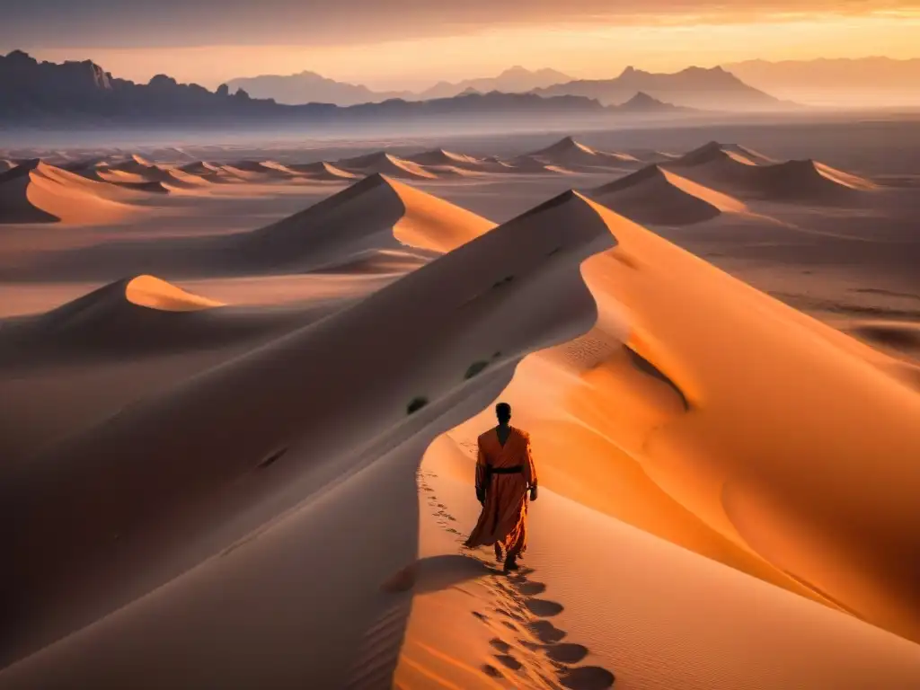 Explorador en la colonización en la saga Dune, caminando por dunas infinitas bajo un sol intenso en el planeta Arrakis