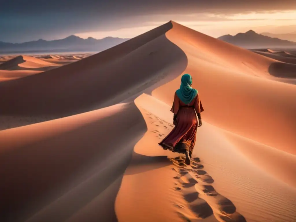 Explorador solitario en un desierto majestuoso bajo un cielo rojo sangre, evocando mitologías originales en Dune