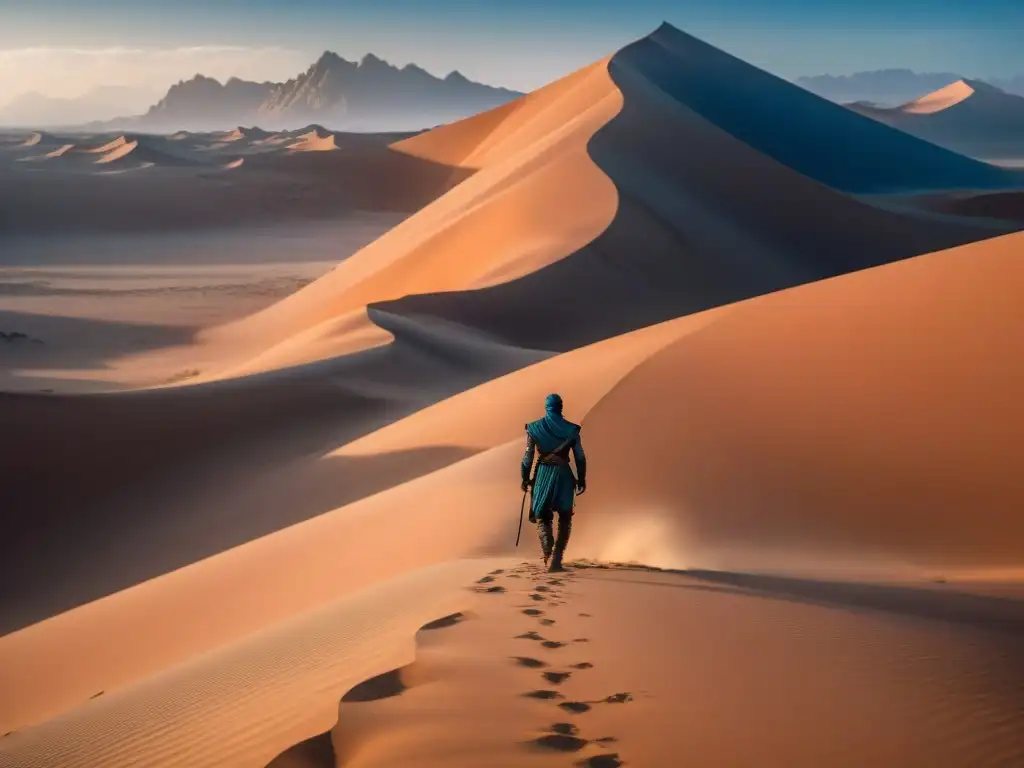 Un explorador solitario camina hacia el horizonte en el vasto y árido paisaje de Arrakis, con dunas gigantes de fondo