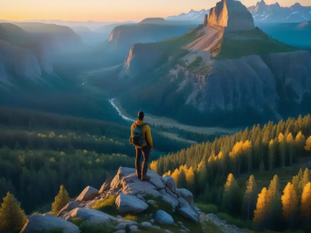 Un explorador solitario contempla las montañas al atardecer en la vasta naturaleza de Wyoming, reflejando las relaciones humanas en Firewatch