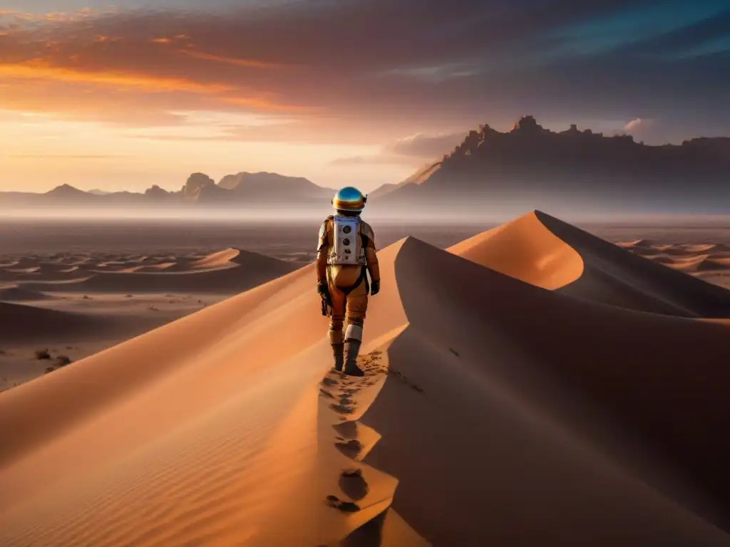 Un explorador solitario en un paisaje desértico bajo un cielo de atardecer vibrante