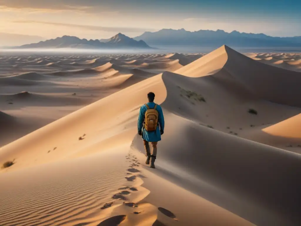 Un explorador solitario lucha en un vasto desierto bajo el sol abrasador