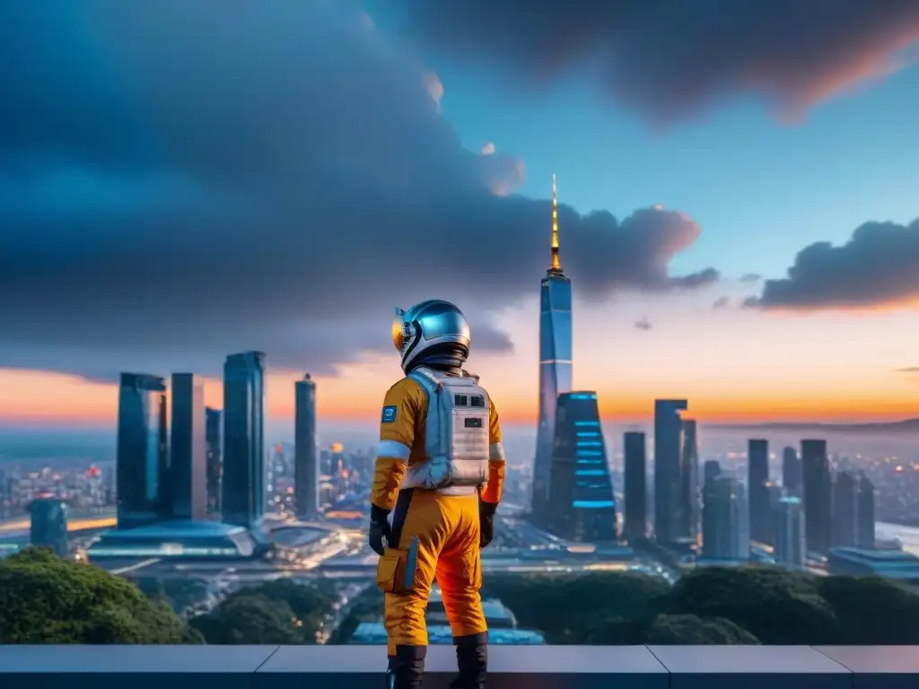 Metrópolis futurista al atardecer: explorando un mundo de maravillas Explorador en traje espacial admira ciudad futurista al atardecer