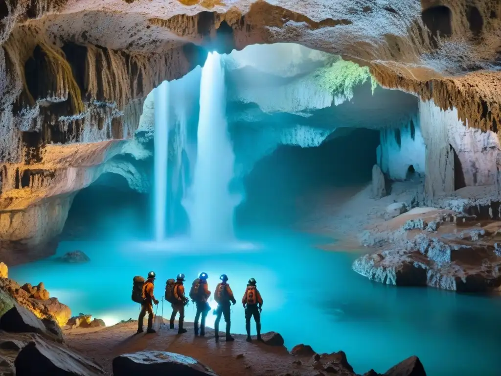 Exploradores en caverna subterránea iluminada por hongos bioluminiscentes