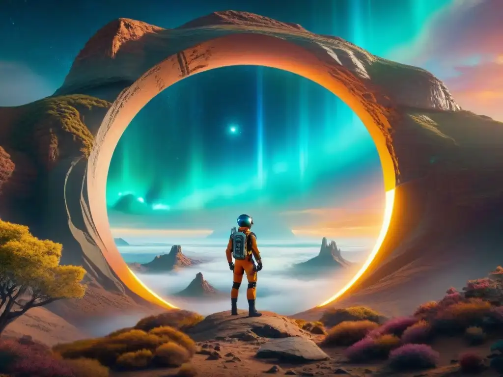 Portal interdimensional: exploradores listos para lo desconocido Exploradores frente a un portal brillante, listos para cruzar fronteras invisibles entre dimensiones