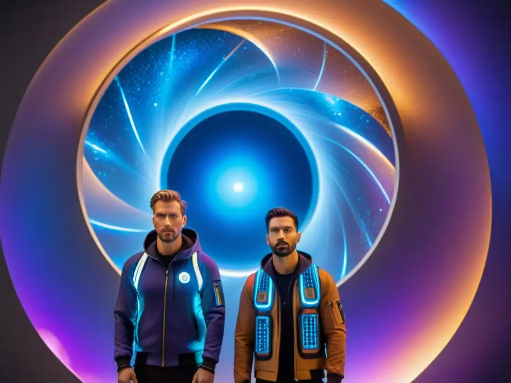 Exploradores interdimensionales ante portal vibrante en azul y púrpura Exploradores frente a un portal interdimensional de energías vibrantes, listos para cruzar las fronteras invisibles entre dimensiones