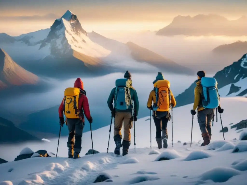 Exploradores siguen huellas misteriosas en montañas nevadas al atardecer