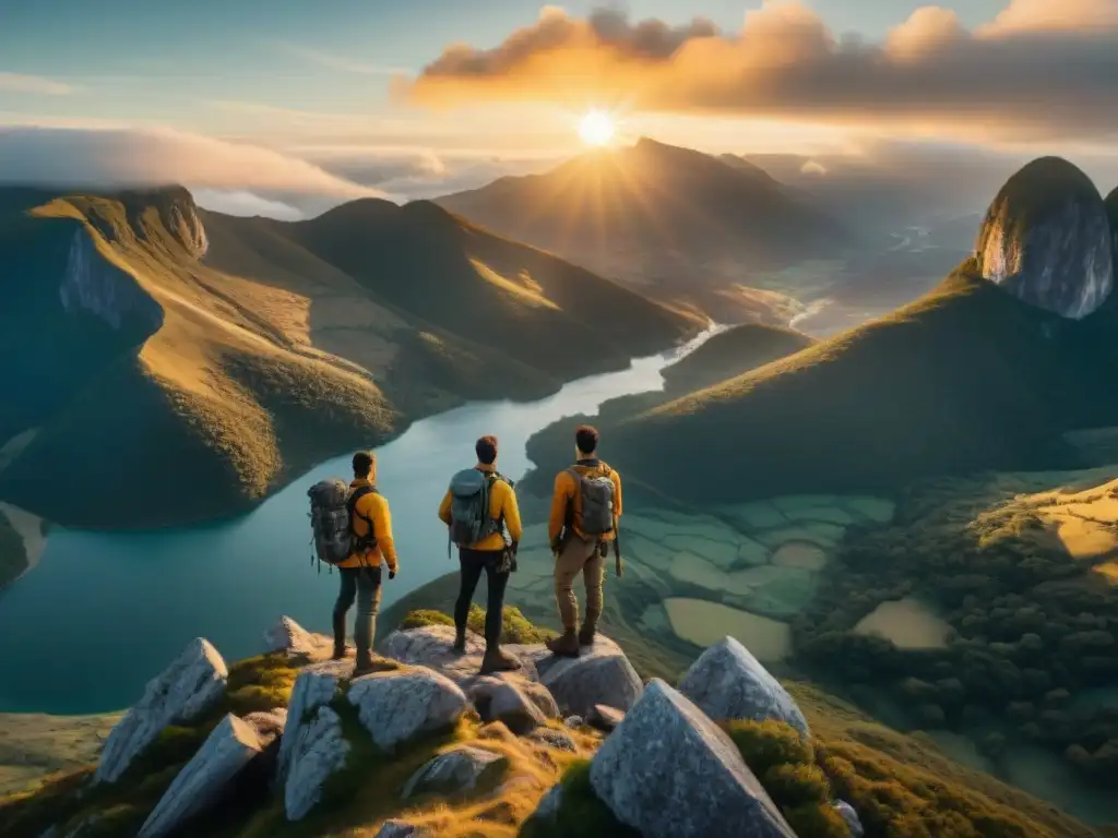 Exploradores admirando la majestuosa geografía de los Reinos de Éxodo al atardecer