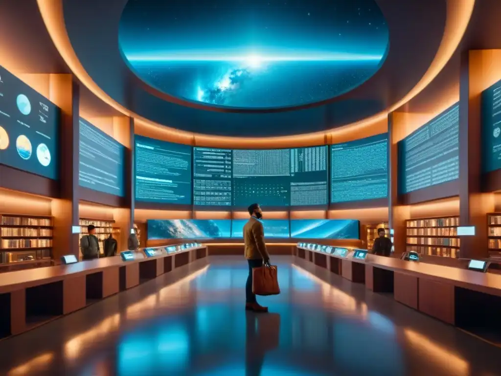 Espacio bibliotecario del futuro: astrónomos y hologramas antiguos Exploradores maravillados en bibliotecas digitales en el espacio