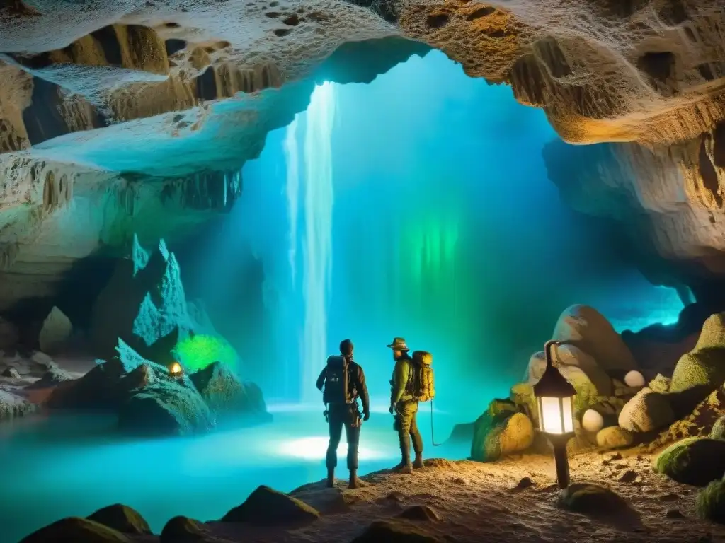 Exploradores maravillados en caverna subterránea iluminada por hongos y cristales, evocando mitos y culturas en mundos subterráneos