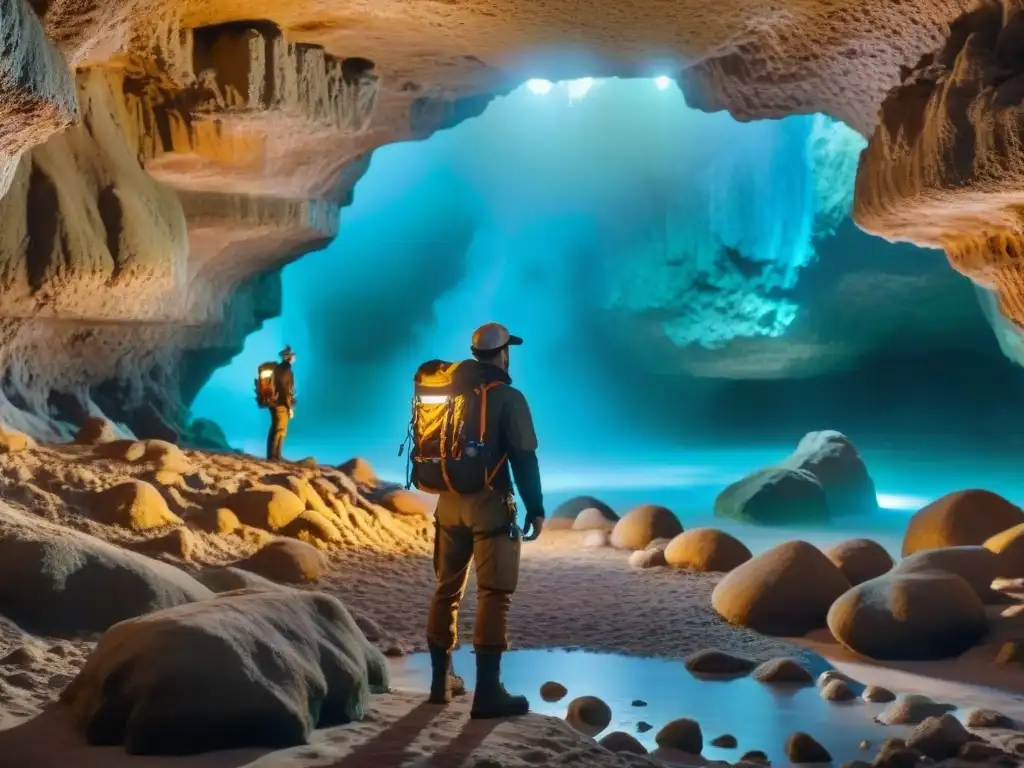 Exploradores maravillados en cueva subterránea iluminada por hongos bioluminiscentes y cristales, revelando secretos