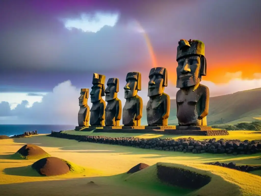 Exploradores admiran estatua Moai al atardecer en Isla de Pascua