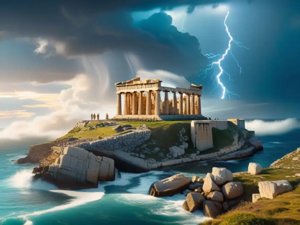 Templo griego antiguo: épica y asombro contemporáneo Exploradores modernos asombrados ante templo griego antiguo en acantilado