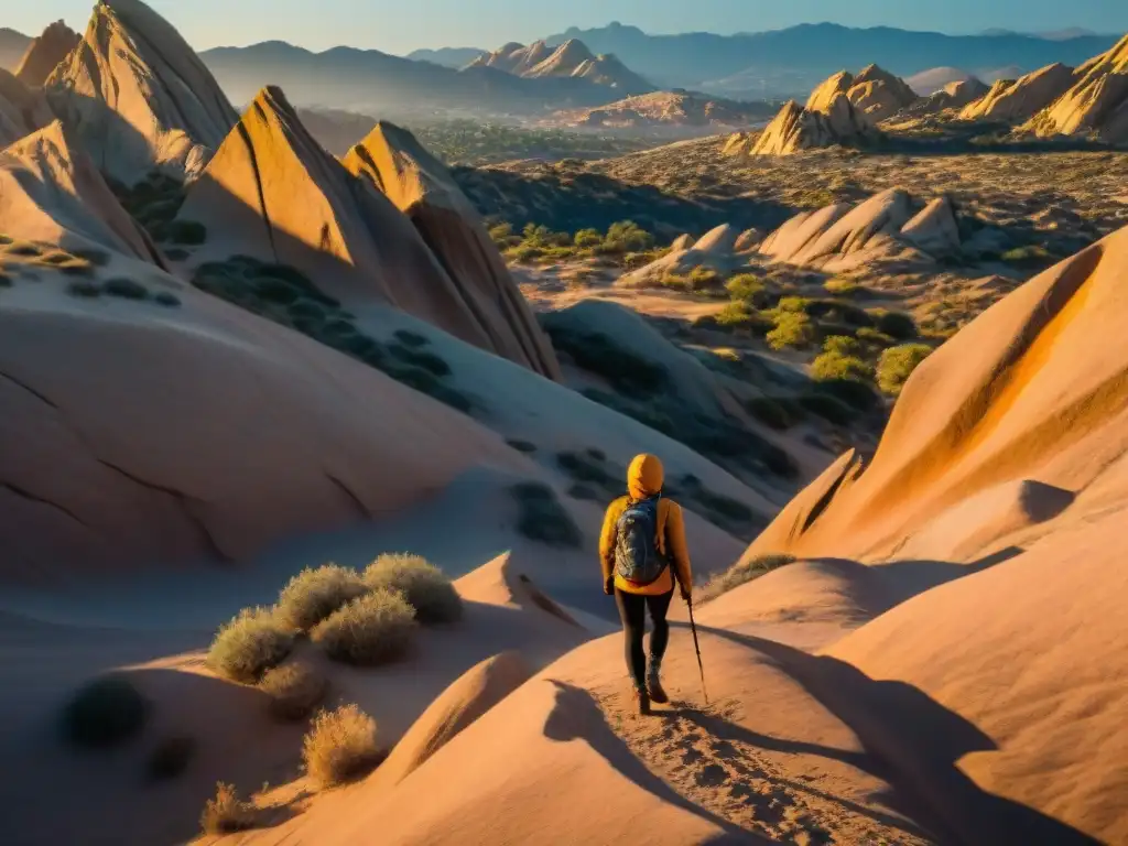 Exploradores disfrutan del paisaje alienígena en Vasquez Rocks al atardecer