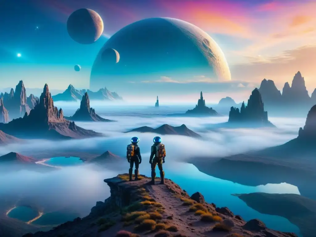 Exploradores en portal hacia paisaje alienígena con estructuras cristalinas y cielos de colores