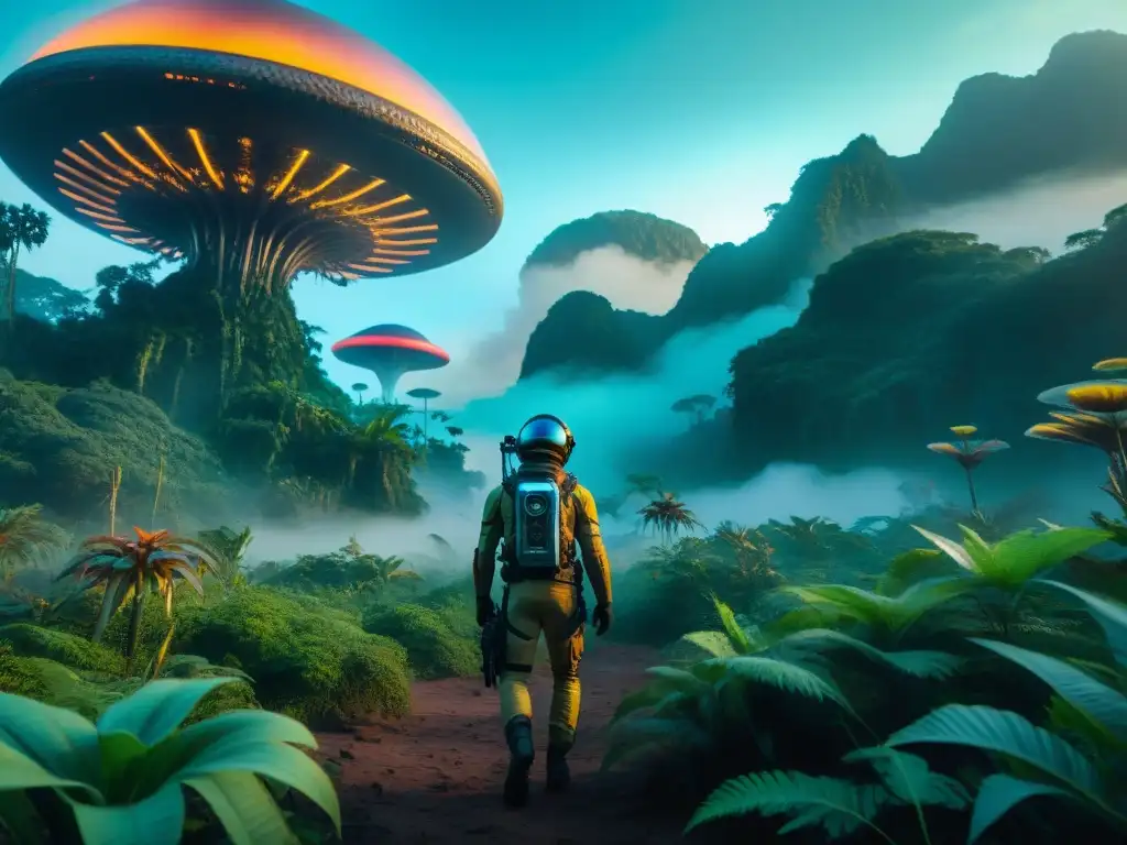 Exploradores avanzan en selva alienígena con criaturas extrañas y nave espacial ominosa