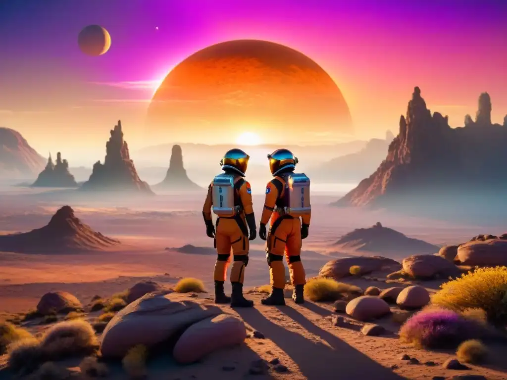 Exploradores en trajes espaciales admirando paisaje alienígena al atardecer, en un planeta con dos soles