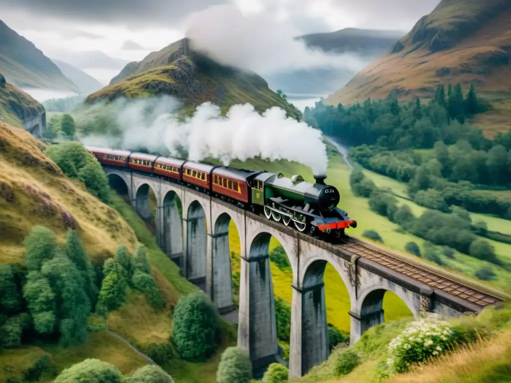 El Hogwarts Express cruzando el Viaducto de Glenfinnan en Escocia, rodeado de naturaleza y montañas neblinosas