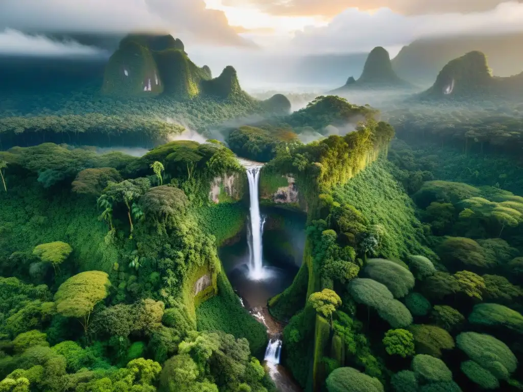 Un exuberante y vibrante paisaje de selva con cascada y río cristalino