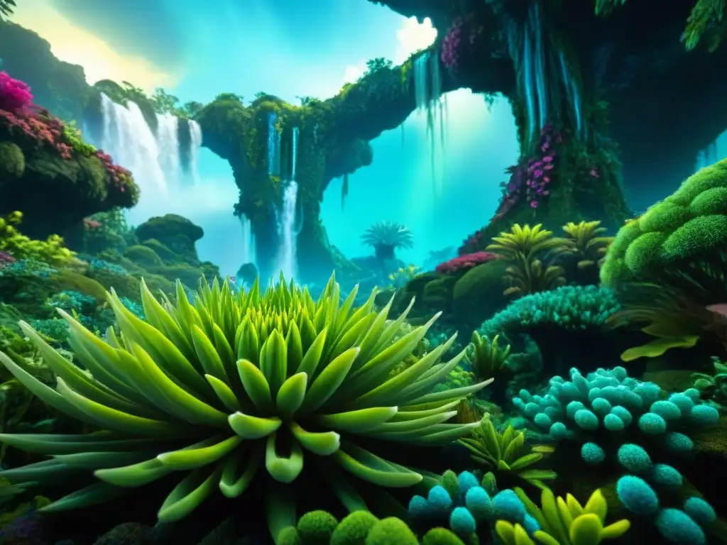 Planta Na'vi bioluminiscente en Pandora: detalle asombroso Un exuberante jardín de Pandora: biología Na'vi cobra vida con plantas y criaturas únicas