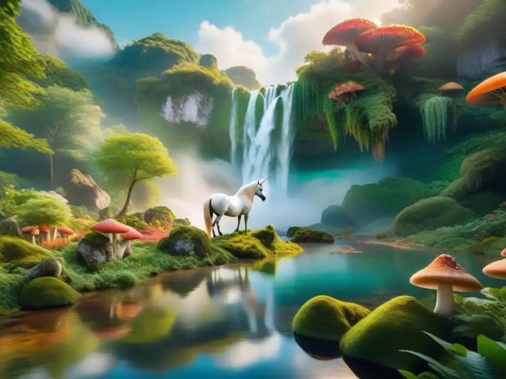 Comisionar fan art mundos ficticios: Escena mágica con majestuoso unicornio plateado en un bosque encantado con setas brillantes y cascada