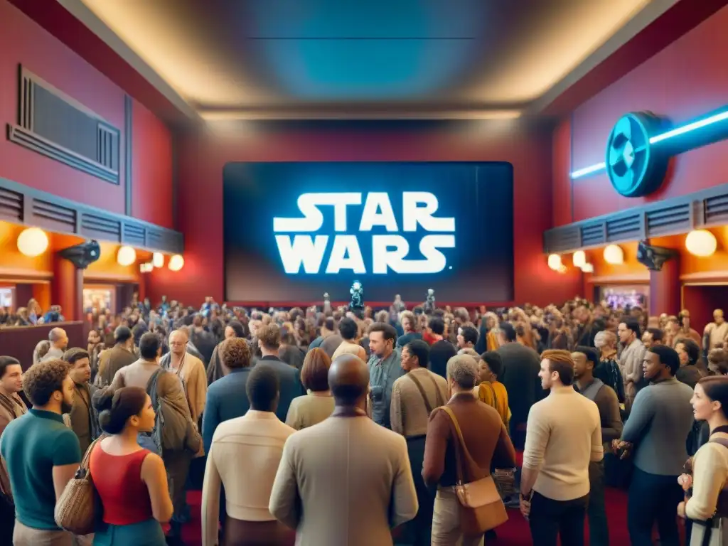 Fans de Star Wars vestidos como personajes icónicos, esperan ansiosos en un cine lleno de emoción y anticipación