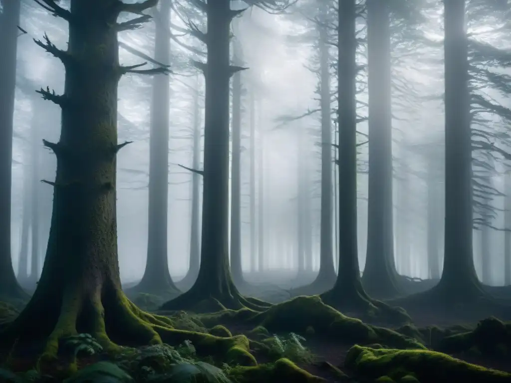 Fantasía oscura en cine contemporáneo: bosque místico y ominoso envuelto en niebla, árboles retorcidos