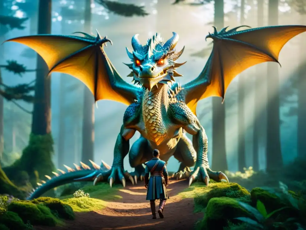 Dragón majestuoso en bosque místico: luz y sombra Criatura fantástica con escamas iridiscentes y alas desplegadas en un bosque místico