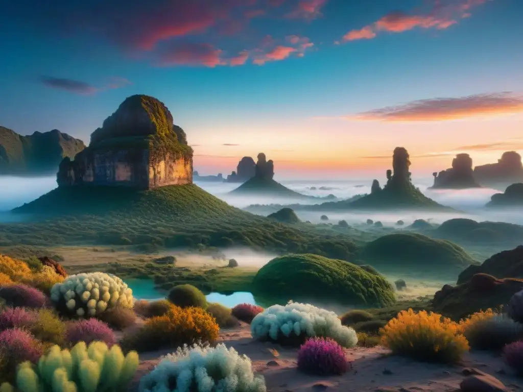 Fantástico paisaje alienígena al atardecer con formaciones rocosas y flora luminiscente