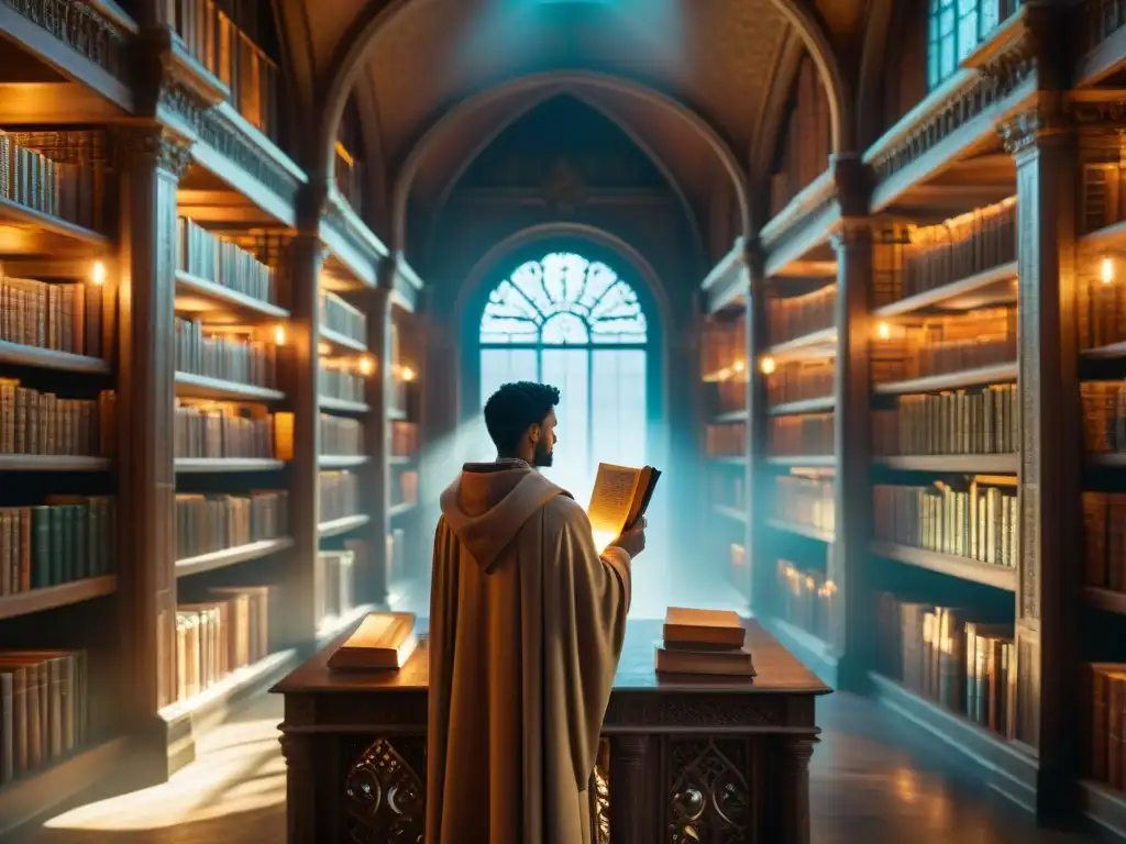 Explora la fascinante biblioteca antigua en mundos ficticios, con figuras misteriosas y tomos polvorientos