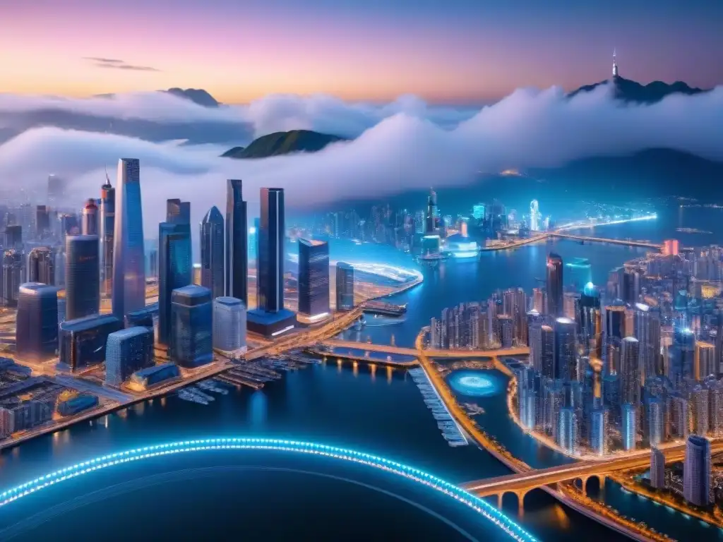 Fascinante ciudad futurista de noche con hologramas y soluciones a problemas reales