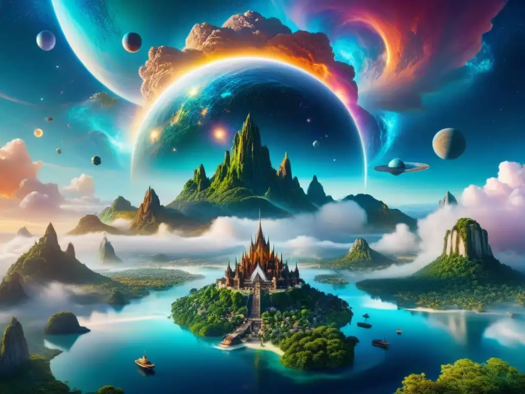 Un fascinante paisaje de universos paralelos en mundos ficticios con ciudades fantásticas y seres alienígenas, evocando infinitas posibilidades